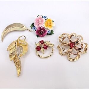 VTG Brooch Lot Floral Gold Tone Thorley Bone China Gerrys Botanical Garden Party